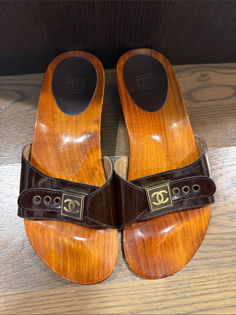 CHANEL Brown Patent Leather Wooden Slide Sandals with Gold CC Squares